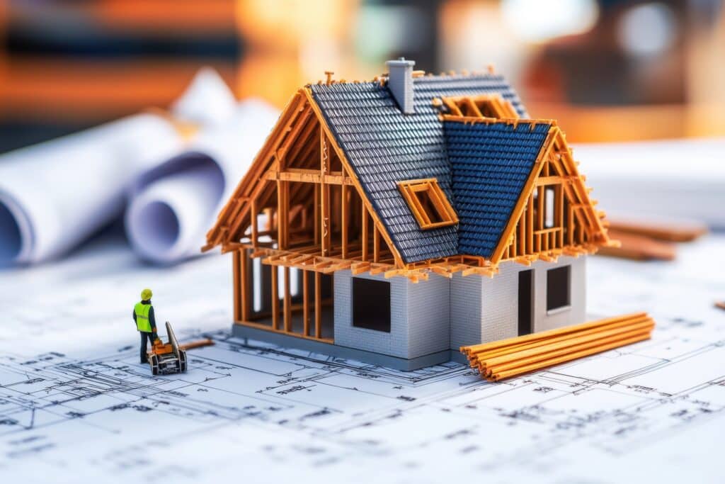 Miniature house sitting on blueprint